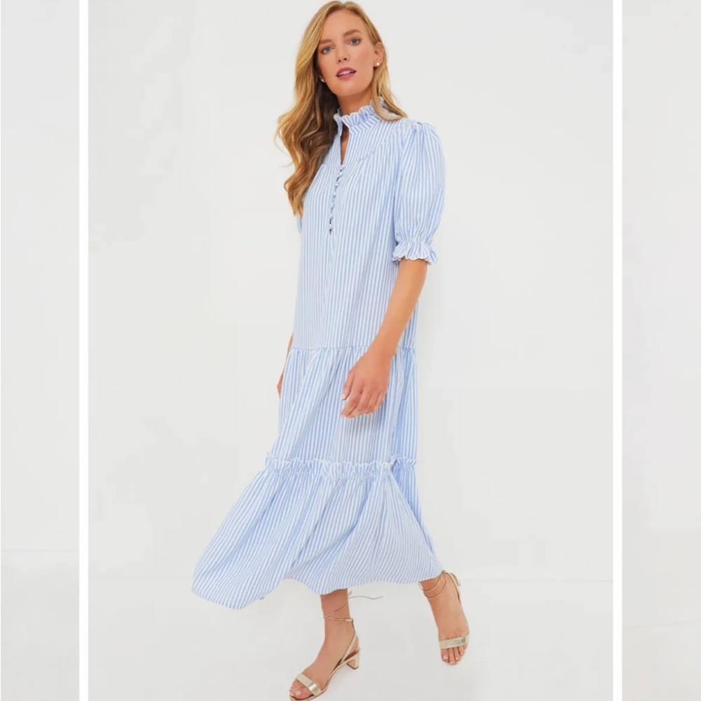 Pomander Place Blue and White Seersucker Maxi Dress with Bishop Sleeves